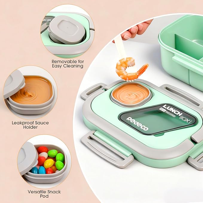 PEDECO Green Lunch Box Set with Bag & Utensil, Leak Proof for Women Men Kid | 2-tier stackable container with sauce pod,Insulated bag keeps food hot or cold,Microwave & dishwasher safe,for women men