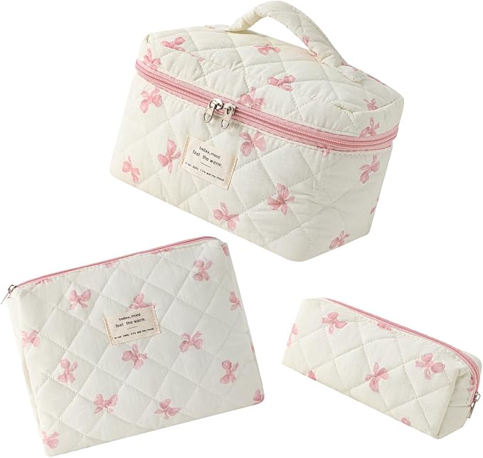uekeboag Large Travel Quilted Makeup Bag for Women | Soft Floral Cotton Cosmetic Bag, Foldable Coquette Aesthetic Toiletry Organizer