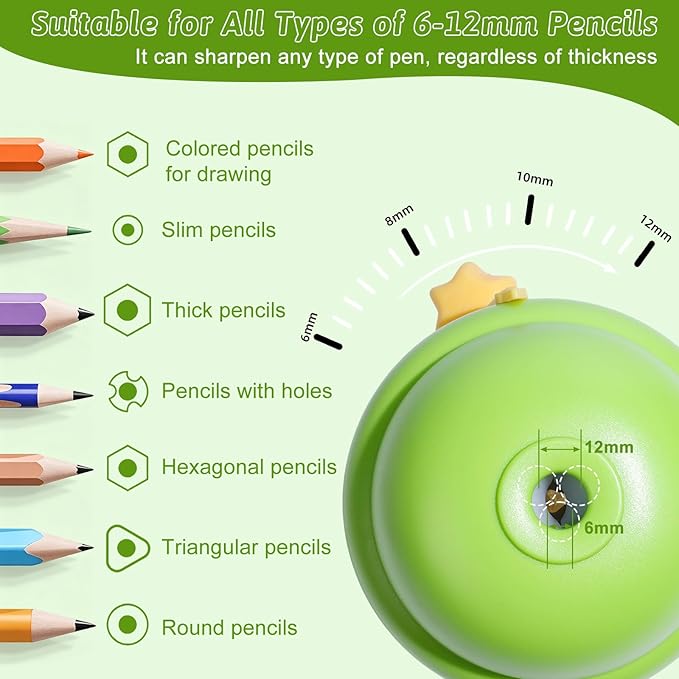 Rechargeable Electric Pencil Sharpener, 6-12mm Auto in & Out Fully Automatic Pencil Sharpener for Kids, Large Capacity Battery Powered, with Cartoon Stickers Ideal for Classroom & Home (Green)