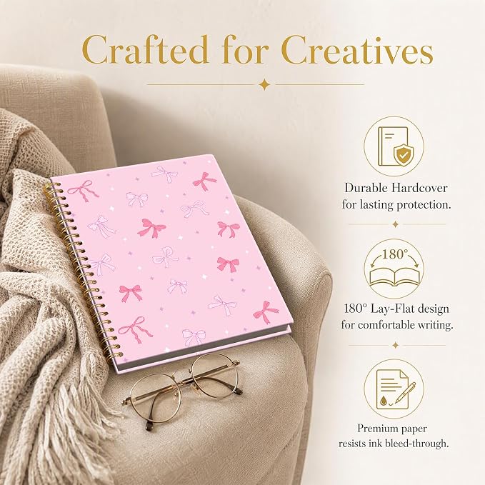 ATJFKIXL Cute Spiral Journal Notebook, A5 120 Page College Ruled Wirebound Notebook, Soft Cover for Students Office Notes and Planning - Pink Bow Sparkle