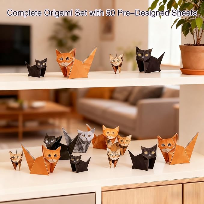 50 Sheets DIY Paper Cats & Dogs Origami Kit - 3D Origami Cats & Dogs with Pre-Creased Lines, No Glue No Scissors Crafts for Desk Decor, Gifts for Cat & Dog Lovers (Cat)
