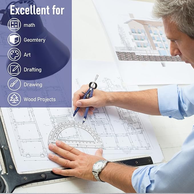 EBOOT Student Geometry Math Set, Metal Drawing Compass and 6 Inch Clear Swing Arm Protractors 180 Degree Math Protractor(Blue)