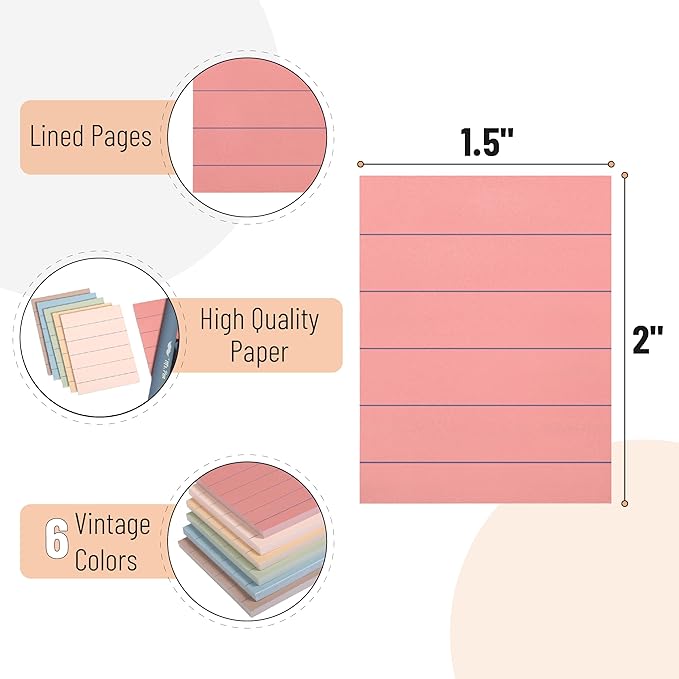 Mr. Pen- Small Lined Sticky Notes, 1.5" x 2", 6 Pads, 60 Sheets/Pad, Vintage Color, Small Sticky Notes with Lines, Ruled Post Stickies, Memo Pads, Self-Stick Note Pad for Office, School, Home, Study