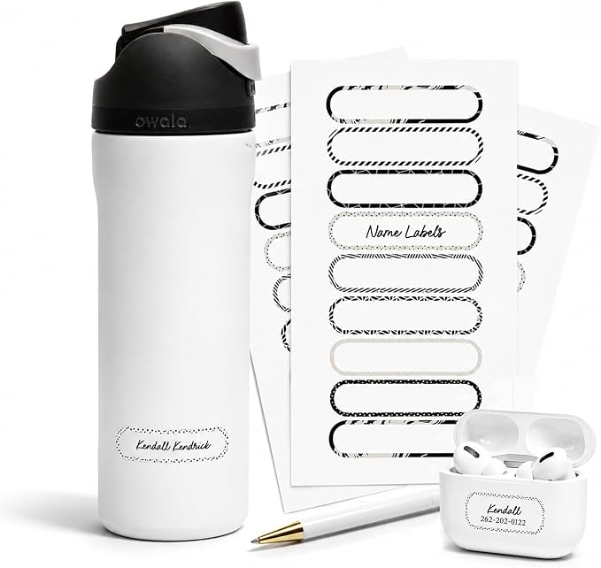 ThreeKin Waterproof Labels for Bottles and Containers - Custom Stickers - All-Purpose and Personalizable - Dishwasher, Freezer and Microwave Safe - BPA-Free - USA-Owned (Black and White, 72pcs)