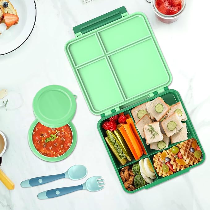 Aimsnk Kids Bento Lunch Box with 8oz Soup Thermo, Kids Leakproof Lunch Food Containers with 4 Compartment,Insulated Hot Food Jar with Lunch Bag for School, Travel (Green)