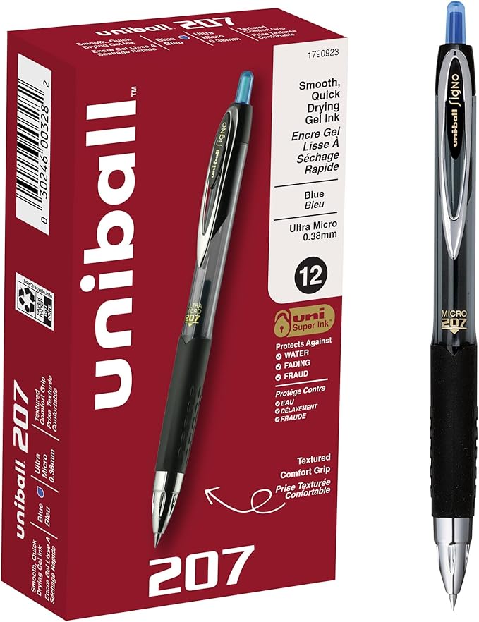 uniball 207 Retractable Gel Pens, Ultra Micro Point (0.38mm), Blue, 12 Pack