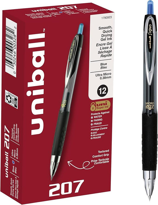 uniball 207 Retractable Gel Pens, Ultra Micro Point (0.38mm), Blue, 12 Pack