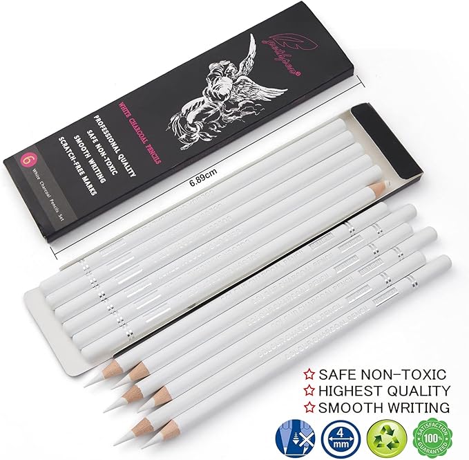 GETHPEN Professional White Charcoal Pencils Set - 6 Pieces Sketch Highlight White Pencils for Drawing, Sketching, Shading, Blending - Beginners & Artists