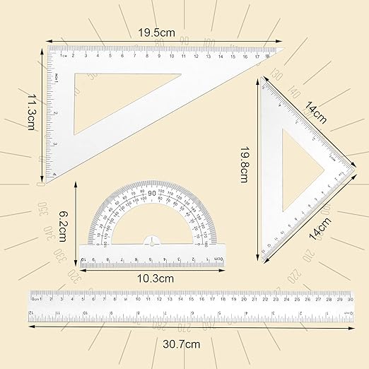 Thinp 4 Pieces Ruler Set Includes 12 Inch Straight Ruler Triangle Ruler and Protractor Math Geometry Tool Shatterproof Plastic Rulers Clear Ruler Measuring Tool for School Office Home Supplies