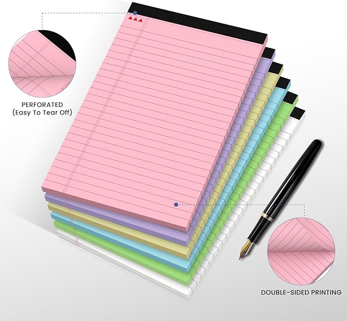 Ciphyfee 12 Pack Notepads 5x8, Small Legal Pads Narrow College Ruled, 30 Sheets/Pack, Perforated Notebook - Colored Note Pads for School, Note Taking, Teacher & Office Supplies, Writing Pads of Paper