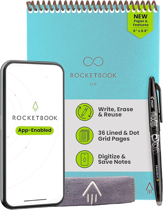 Rocketbook Flip Reusable Smart Notepad, Top Bound Spiral Notebook Lined and Dotted Pages Executive Size 6x8.8, Premium, Teal (Pack of 1)