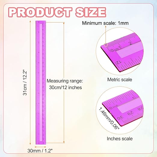 HARFINGTON 5pcs Plastic Rulers 12" (30cm) Clear Straight Ruler Measuring Tool Inches and Centimeters for Home Office Classrooms Drafting, Clear Purple