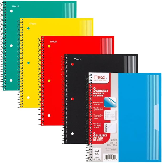Mead Spiral Notebook, 5 Pack, 3 Subject, Wide Ruled Paper, Plastic Cover, 8" x 10-1/2", 120 Sheets per Notebook, Black, Red, Blue, Green and Yellow (930100A-ECM)