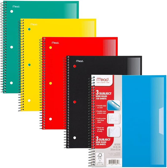 Mead Spiral Notebook, 5 Pack, 3 Subject, Wide Ruled Paper, Plastic Cover, 8" x 10-1/2", 120 Sheets per Notebook, Black, Red, Blue, Green and Yellow (930100A-ECM)