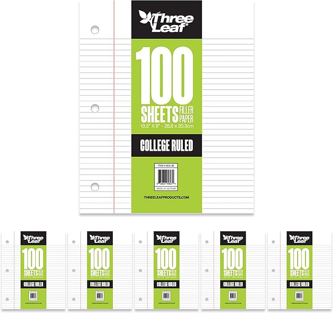 THREE LEAF 100 SHEETS COLLEGE RULED FILLER PAPER, PACK OF 6, LOOSE-LEAF SHEETS FOR SCHOOL AND OFFICE 100 CT. FILLER PAPER, NOTEBOOK PAPER