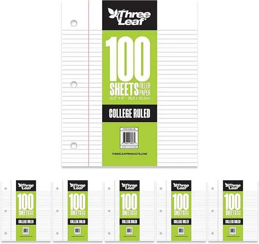 THREE LEAF 100 SHEETS COLLEGE RULED FILLER PAPER, PACK OF 6, LOOSE-LEAF SHEETS FOR SCHOOL AND OFFICE 100 CT. FILLER PAPER, NOTEBOOK PAPER