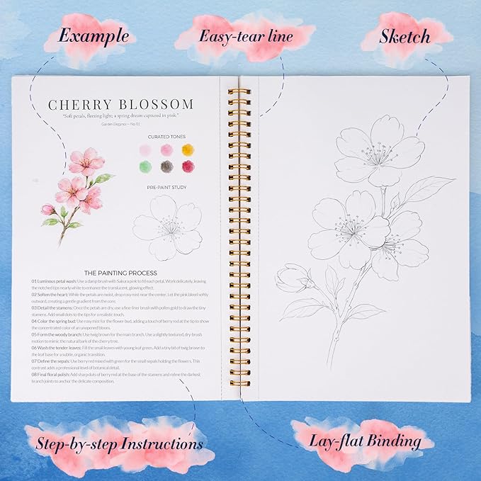 Watercolor Workbook for Beginners,18 Floral Water Coloring Book,Relaxing & Easy to Paint Water Coloring Book with 24 Colors-Perfect for Gifting to Creativity & Joy for Adults
