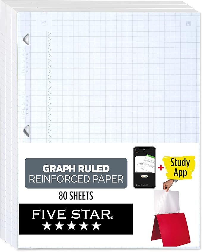 Five Star Loose Leaf Paper + Study App, 3 Pack, Notebook Paper, Graph Paper, Reinforced Filler Paper, Fights Ink Bleed, 8.5 x 11, 80 Sheets per Pack (170027)
