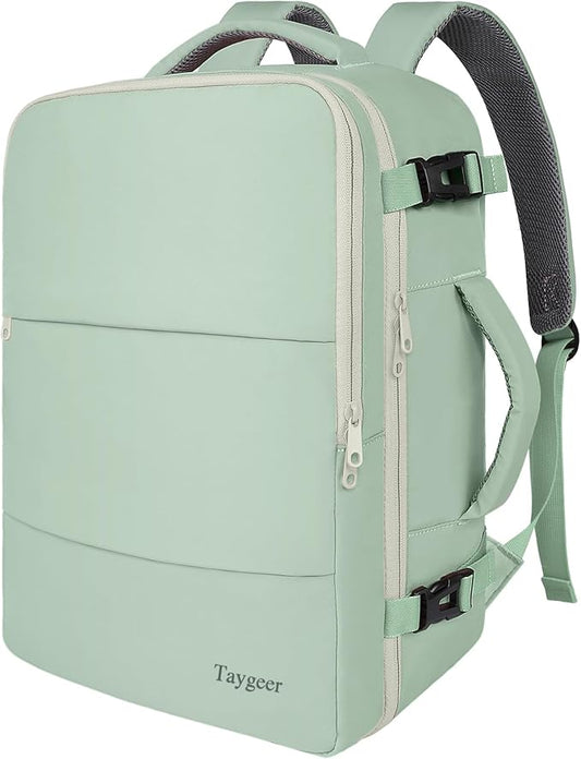 Taygeer Carry On Backpack, 35l Travel Backpack for Women Airline Approved, Cute Underseat Personal Item Travel Bag With Shoe Compartment, Casual Daypack Gifts for Friend Weekend, Green Beige