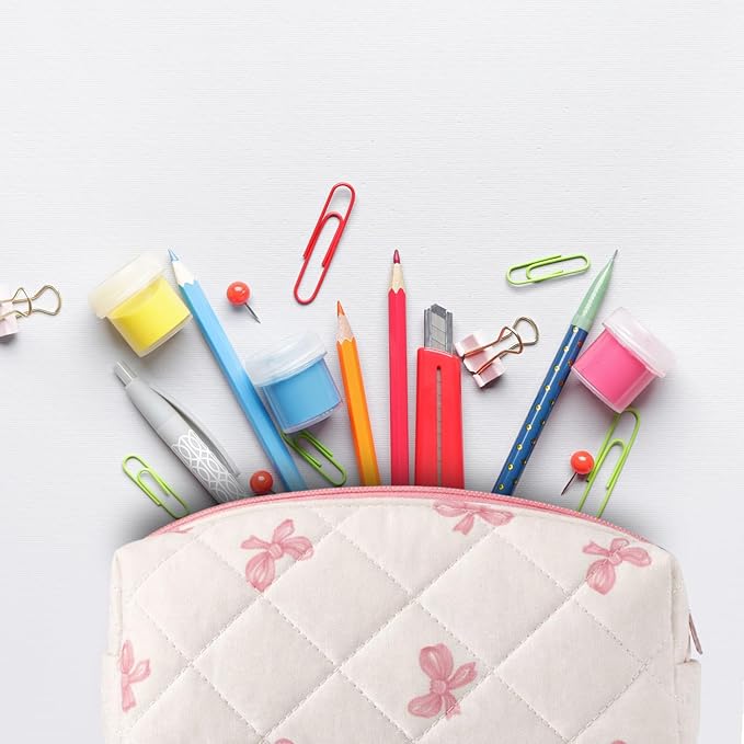 Sherr Coquette Bow Pencil Case Pink Bow Cute Pencil Pouch Soft Cotton Storage Bag Aesthetic Pattern Gift Makeup Pouch Cosmetic Travel Bag for Women