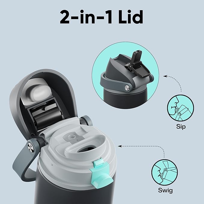 Insulated Water Bottle with Straw - Encool Stainless Steel Water Bottle with Push Button Lid, Leak-Proof & BPA-Free, Keeps Cold for 24 Hours for Sports, Travel, Gym (24 oz, Tuna Grey-Green)