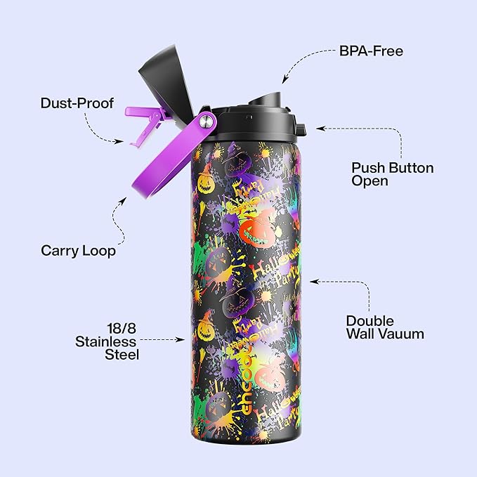 Insulated Water Bottle with Straw - Encool Stainless Steel Water Bottle with Push Button Lid, Leak-Proof & BPA-Free, Keeps Cold for 24 Hours for Sports, Travel, Gym (32 oz, Ghost Party)