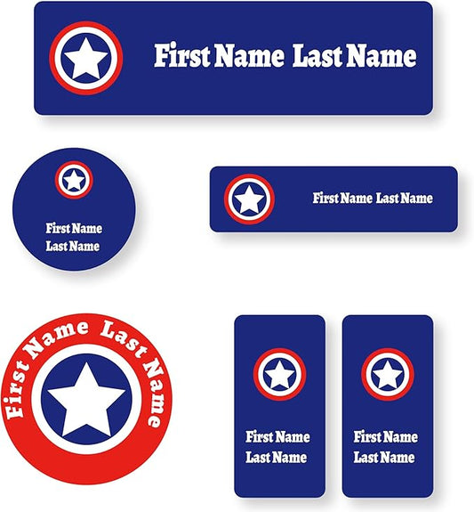Personalized Kids Name Labels – Waterproof Custom Stickers for Daycare & School, Dishwasher & Laundry Safe (Captain - Blue)