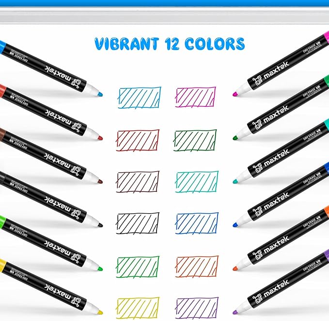 maxtek Magnetic Dry Erase Markers with Eraser - 12 Count Colorful Fine Tip Whiteboard Markers for Kids, Low Odor Whiteboard Markers for Calendar Boards White Board