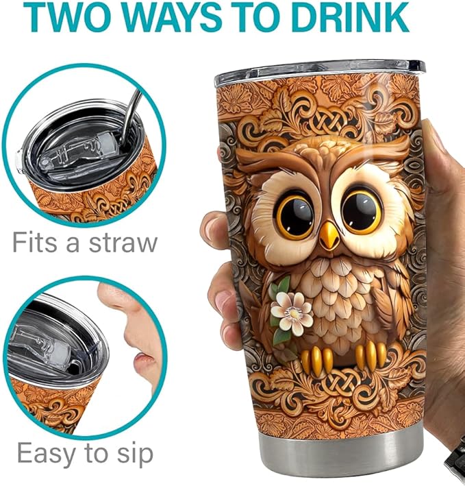 SANDJEST Owl Tumbler 20oz Owls Gifts for Women Girl Owl Wood Drawing Stainless Steel Insulated Tumblers Coffee Travel Mug Cup Gift for Birthday Christmas