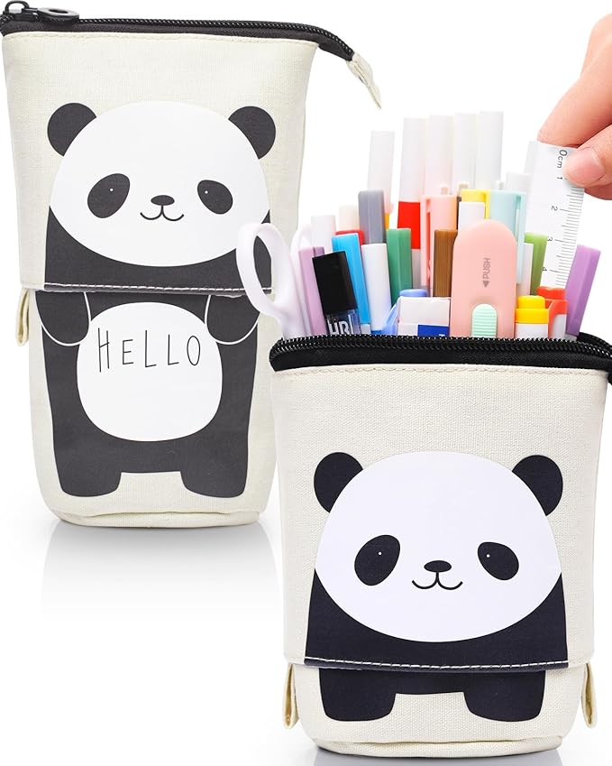 Sooez Standing Pencil Case, Cute Stand up Pencil Pouch, Telescopic Pen Pouch, Portable Pencil Holder, Spacious Pencil Pouch Bag for School Office Supplies, 7.5''x3.07'', Beige Panda