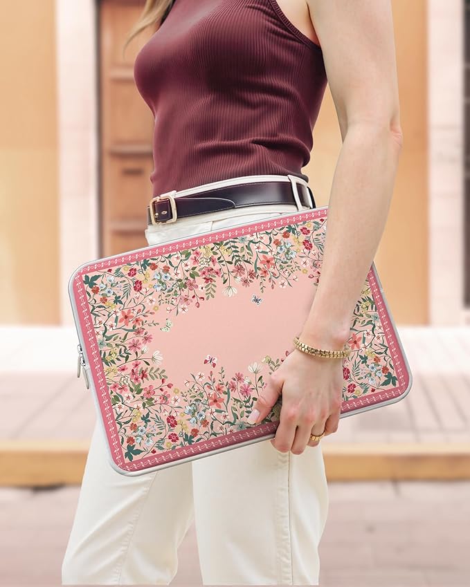 iCasso Pink Laptop Bag 13 inch,Cute Computer Sleeve Bag for Women,13-13.6 inch Laptop Carrying Case Compatible with MacBook Neo/Air/Pro 13-14 Sleeve, HP Dell ASUS Lenovo Chromebook Notebook,Floral