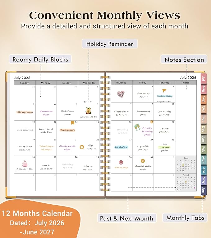 Academic Planner 2026-2027, Hardcover Weekly and Monthly Calendar Planner from July 2026 - June 2027, 8.5" x 11" A4 Large Daily Agenda with Tabs, College School Organizer for Student Teacher, Boho Sun & Moon