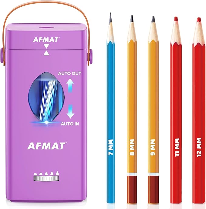 AFMAT Electric Pencil Sharpener, Fully Automatic Pencil Sharpener for 6-12mm No.2/Jumbo Pencils, Auto in & Out, 5 Sharpness Modes, Rechargeable Heavy Duty Sharpeners for Classroom/Home/Office PSC7