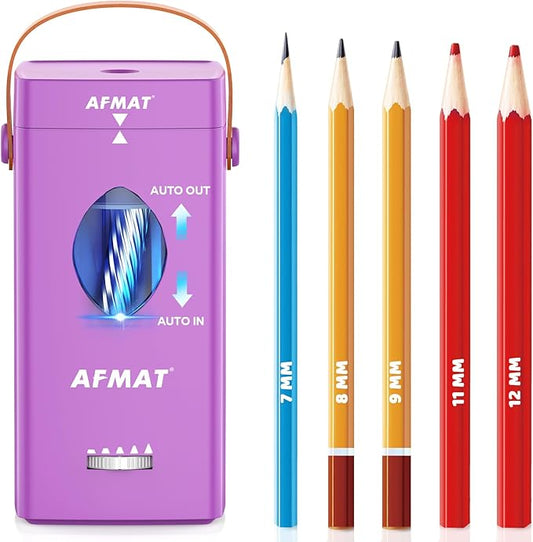 AFMAT Electric Pencil Sharpener, Fully Automatic Pencil Sharpener for 6-12mm No.2/Jumbo Pencils, Auto in & Out, 5 Sharpness Modes, Rechargeable Heavy Duty Sharpeners for Classroom/Home/Office PSC7