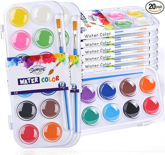 Nuanchu Gifts Bulk Watercolor Paint Washable Watercolor Paint Kits Palette and Brushes Portable Water Color Supplies for Adults, Beginners Artists Graduation Gift(20 Pack,12 Colors)