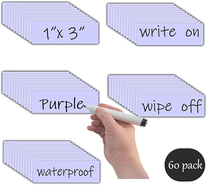 Magnetic Dry Erase Magnets Labels(1x3,Pack of 60) Reusable Name Tags,Organizing Schedules in Office/Classroom.Work on Fridge/White Board,Pastel Colors(Light Purple)