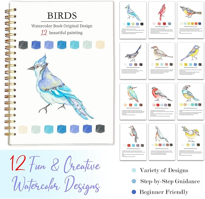 Easy Watercolor Workbook for Beginners - 12 Beautiful Step-by-Step Paintings Water Coloring Book, Includes 16 Colors Paints, Relaxing Art Projects and Creative Gift for Adults & Teen (Birds)
