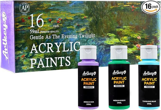 Artkey Acrylic Paint Set, 16 Colors 2 oz/59 ml Acrylic Paint Kit for Professional Artists & Beginners – Monet Inspired “Seeker of Radiant Light” Palette for Canvas, Wood, Fabric, Rock, Leather, Ceramic, Glass