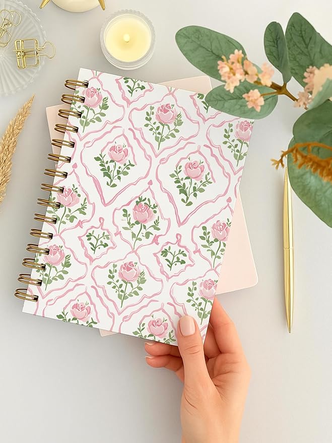 Pink Rose Floral Spiral Notebook, Preppy Floral Girly Aesthetic Journal, Pink Flower Journal for Women, Grandmillennial Flower Notebook 5.5x8.3 Inch-376
