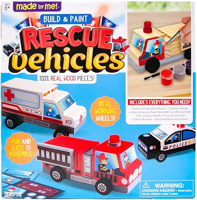 Made By Me Build & Paint Your Own Wooden Toys, DIY Wood Craft Kit, Easy to Assemble, Rescue Vehicles