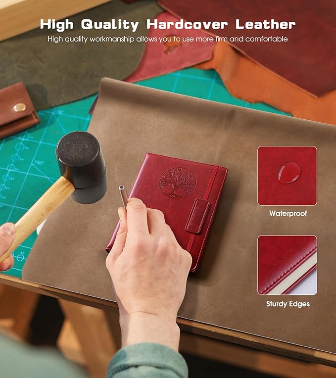 Lined Pocket Journal Notebook for Women Men, 140 Pages A6 Leather Journals for Writing, Travel, Work, 3.7"×5.7" Mini Notebook, Hardcover Small Notebooks for Note Taking, Diary Notepad (Winered)