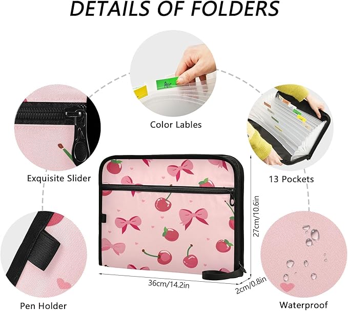 Pink Bows Cherries Pattern 13 Pocket File Organizer Expanding File Folder with Front Pouch Portable Business File Storage Document Organizer Folder with Zipper