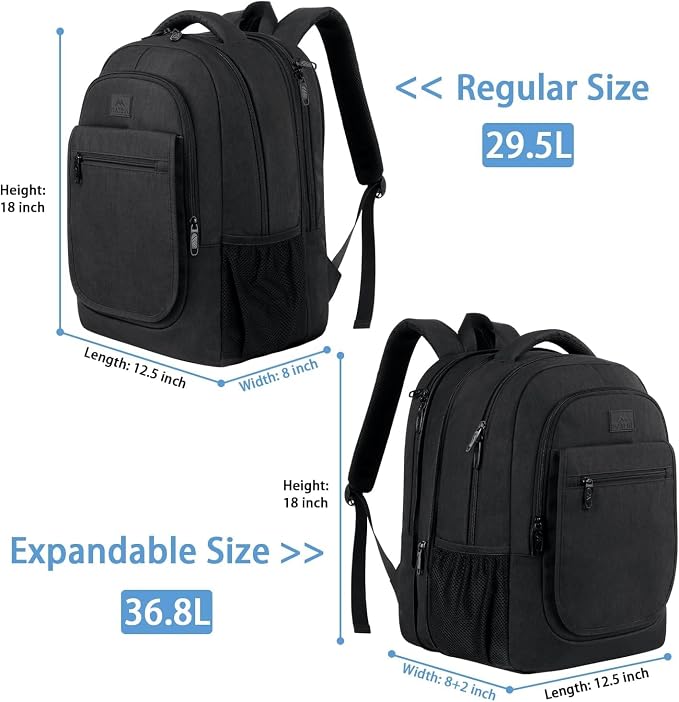 MATEIN Backpack for School, Expandable College Backpack for Boys Girl | Water Resistant Fabric, Large Bookbag for Men Women, 15.6 inch Laptop Bag, Anti Theft Hidden Pockets, Travel Daypack, Black