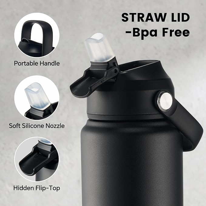 Fijinhom 24 oz Insulated Water Bottle with 2 Lids, Stainless Steel Water Bottles, Double Wall Vacuum, Portable Handle & Non-slip Bottom, BPA Free Leak Proof Metal Bottles, Keep Cold 24H, Black