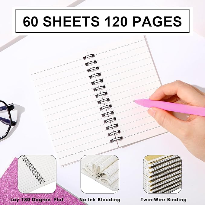 Jutom 18 Pcs Small Spiral Notebooks Memo Pads 3x5 Bulk Small Pocket Notebooks Mini Notepads with Lined Pages Mini Journals for Office School Work Supplies, 120 Pages (Glitter Pink)