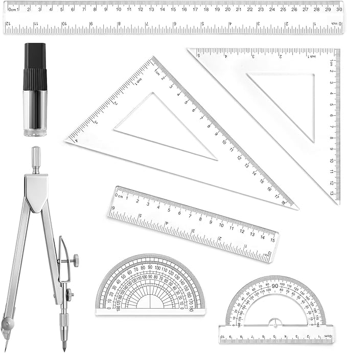 7 Pcs Geometry Ruler Protractor and Compass Set, Math Ruler Kit with 1 Metal Compass, Precision Drawing Tools for Drafting Architect Engineering