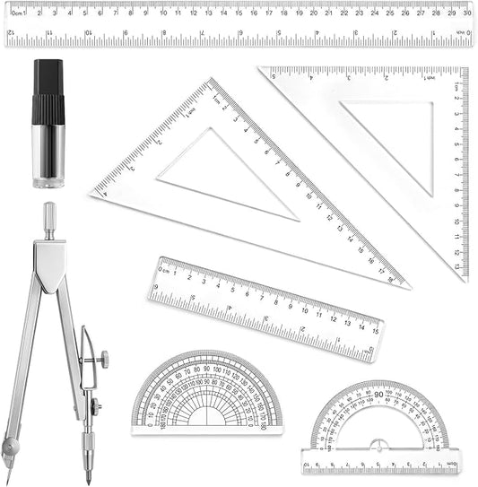 7 Pcs Geometry Ruler Protractor and Compass Set, Math Ruler Kit with 1 Metal Compass, Precision Drawing Tools for Drafting Architect Engineering
