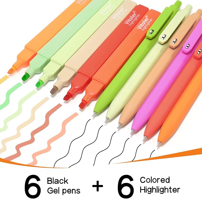 Vitoler Black Gel Pens and No Bleed Highlighters，12 Pack，Fast Drying | Smooth Writing Pens for Teacher Nurse Bible Journaling Planner Supplies