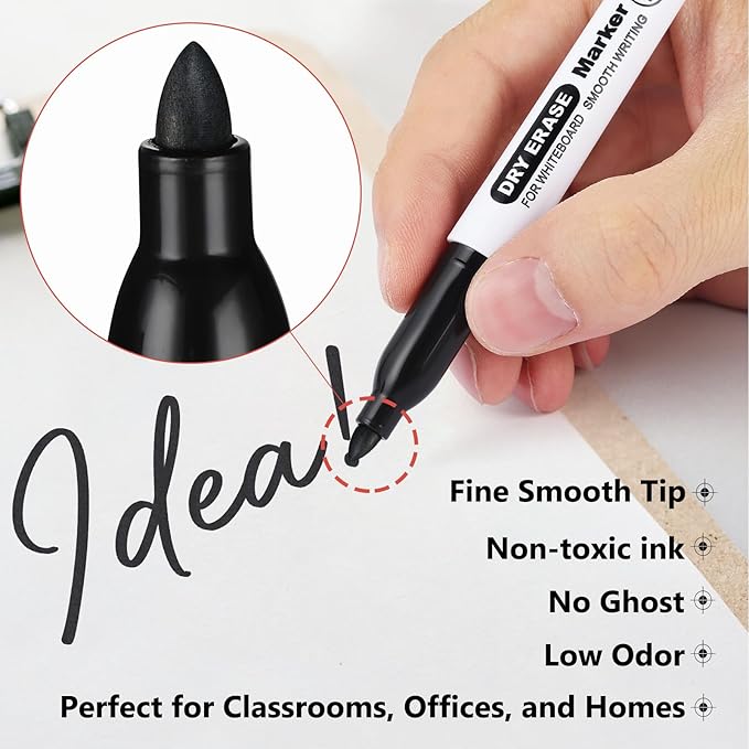 SFAIH Fine Tip Dry Erase Markers - 30 Pack Black Whiteboard Erasable Markers Bulk, Ideal for Classroom School Office Home Use on White Board, Non-Toxic Easy Clean