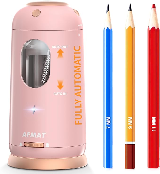 AFMAT Electric Pencil Sharpener, Auto in & Out, Fully Automatic Pencil Sharpener, Rechargeable Hands-Free Sharpeners for Jumbo & Colored Pencils (7-11.5mm), Good for Classroom/Home PSC8(Light Pink)